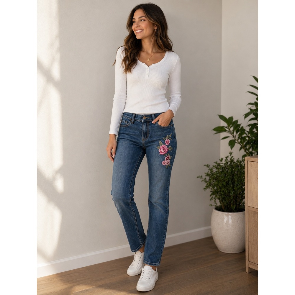Holister Low Rise Super Skinny Pink Rose Embroidery Jeans Womens 1R‎ Preppy